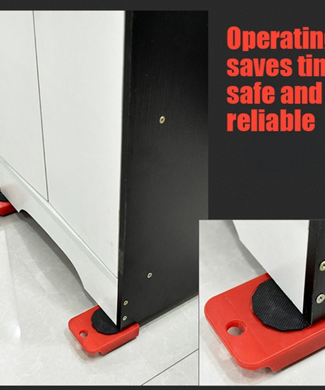 Furniture lifter tools positioned under a piece of furniture.