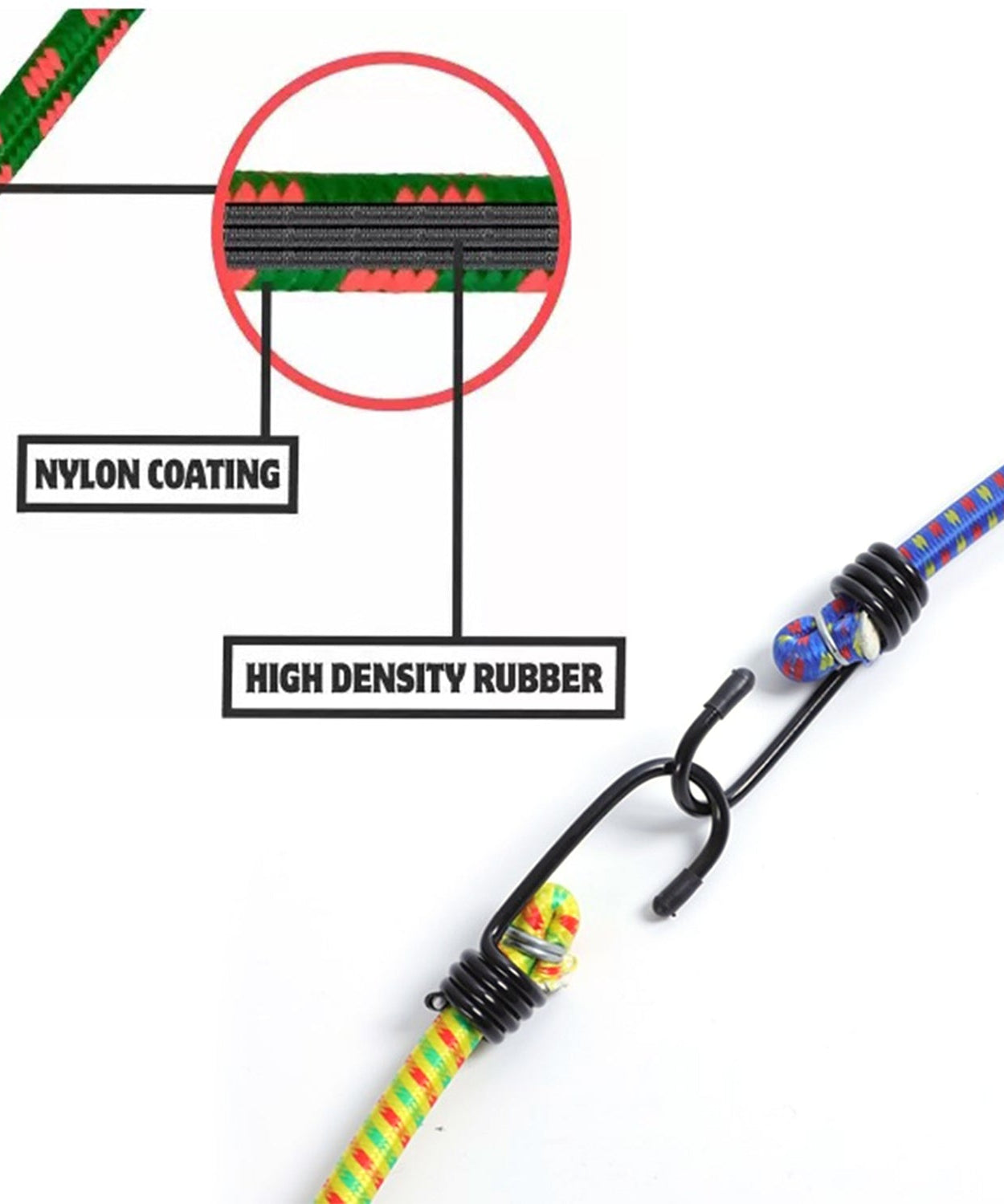 High strength shock cord with hooks for heavy-duty use.