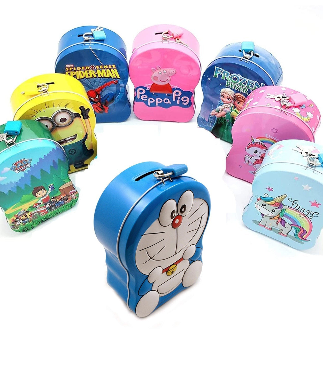 Metal piggy bank with cartoon design, ideal for saving coins and small amounts of money