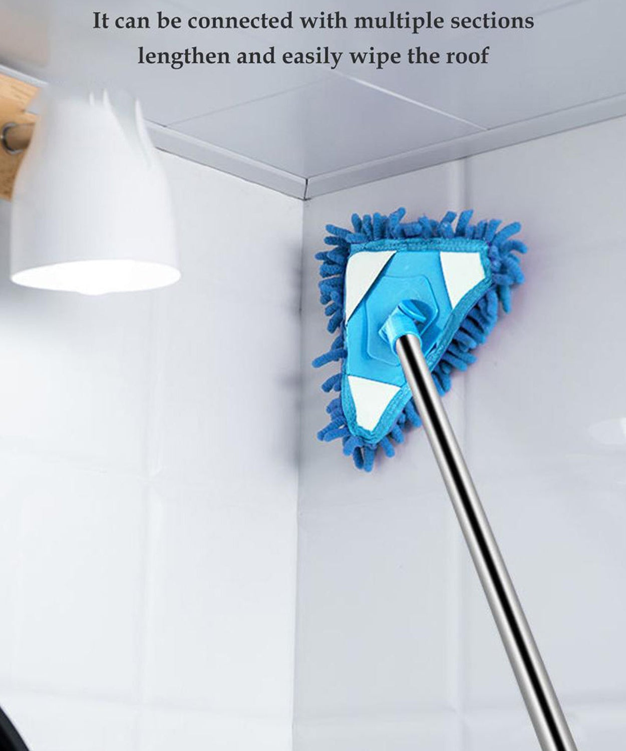 Versatile triangle mop with adjustable handle for cleaning both wet and dry surfaces.