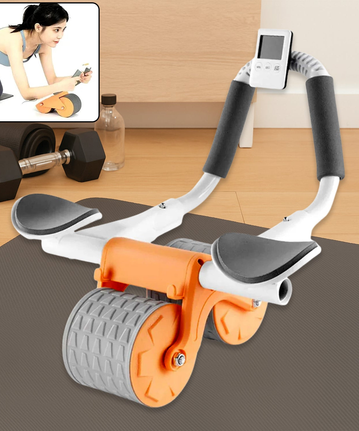 Automatic Rebound Abdominal Wheel, Ab Roller Wheel with Timer Elbow Support for Beginners, Exercise Double Wheel with Knee Mat Holder for Body Fitness Strength Training Home Gym