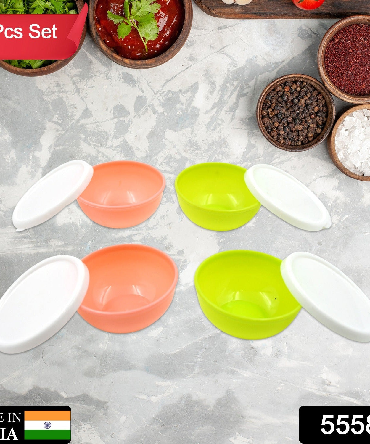 Multipurpose Small Round Plastic Bowl / Katori With Lid, Microwave Safe Reusable Lightweight Bowl, Dishwasher Safe Chutney Bowl (4 Pcs Set)
