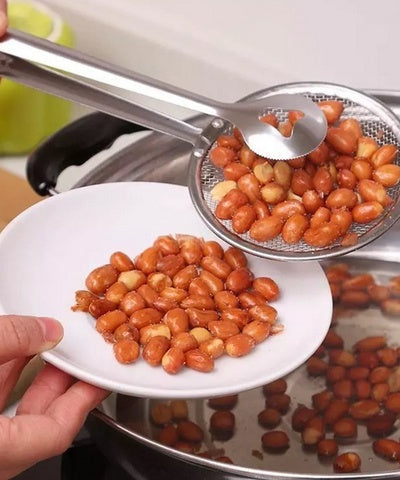 Multi-use stainless steel filter spoon with clip.