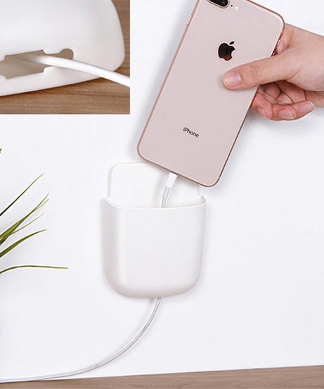 Wall-mounted storage for mobile with charging dock.