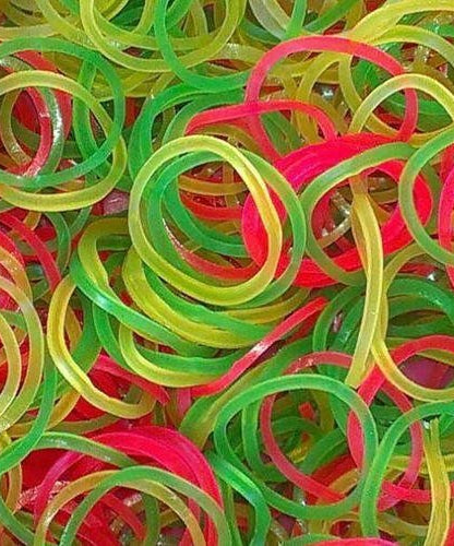 Assorted multicolor rubber bands, ideal for office and school