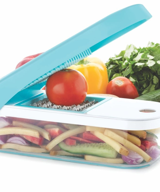 Plastic vegetable dicer by Ganesh, 7-in-1, blue color, shown from different perspectives.