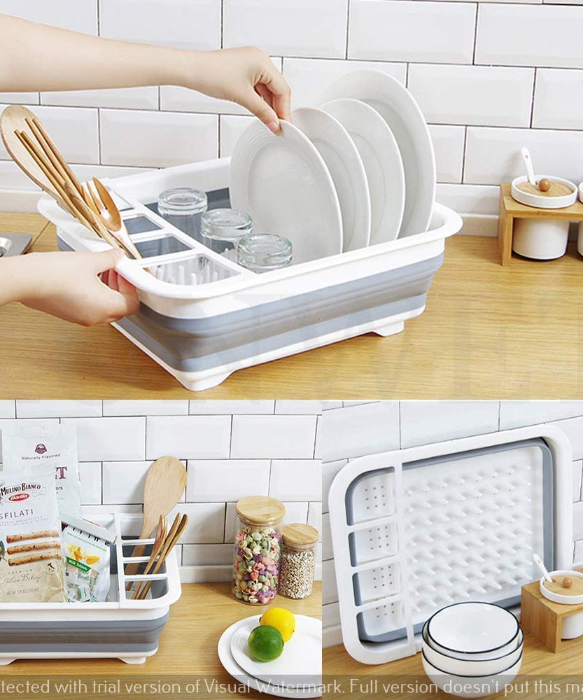 Collapsible silicone drainer rack for dishes with storage for utensils