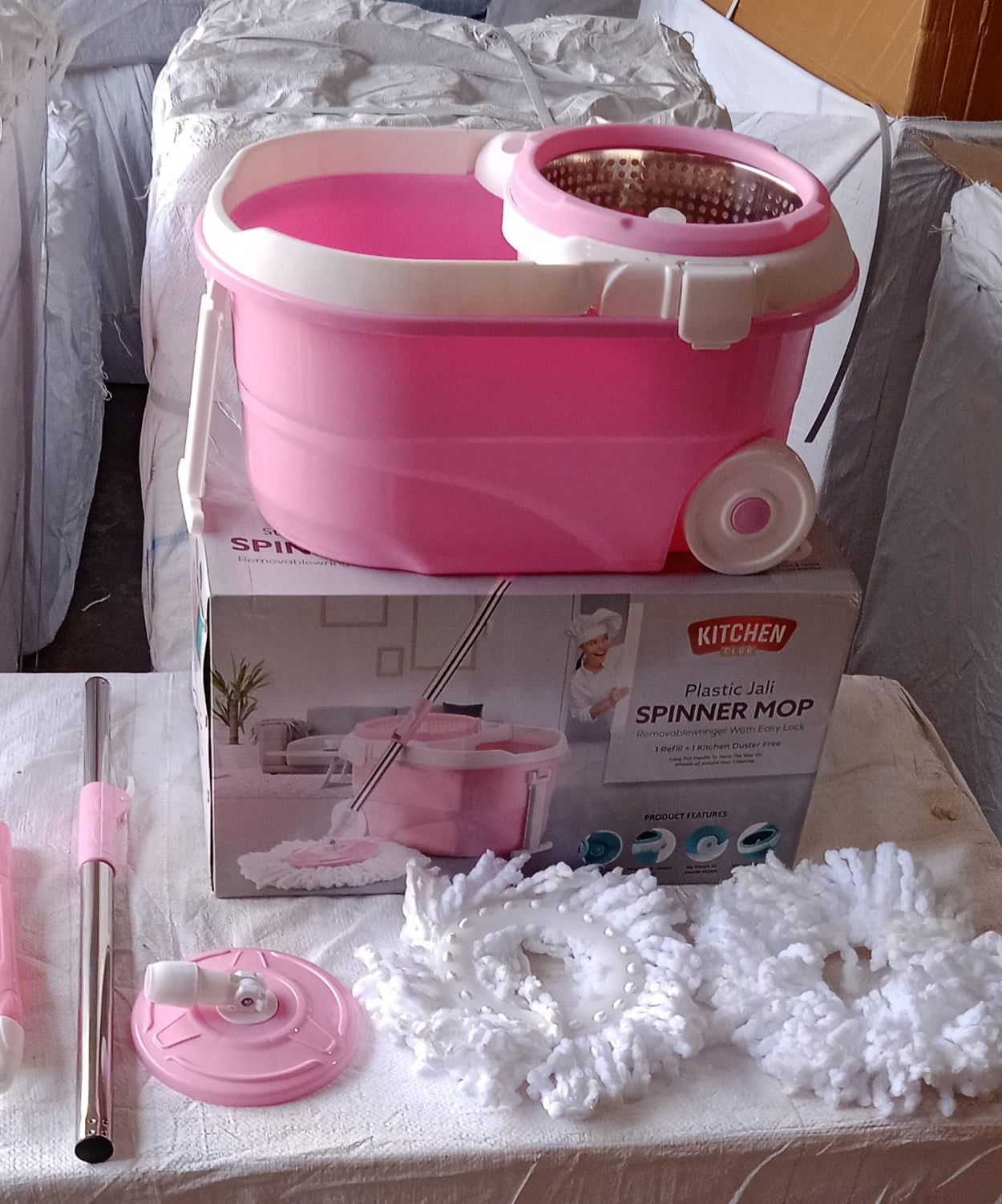 Steel spin mop with bucket for floor cleaning