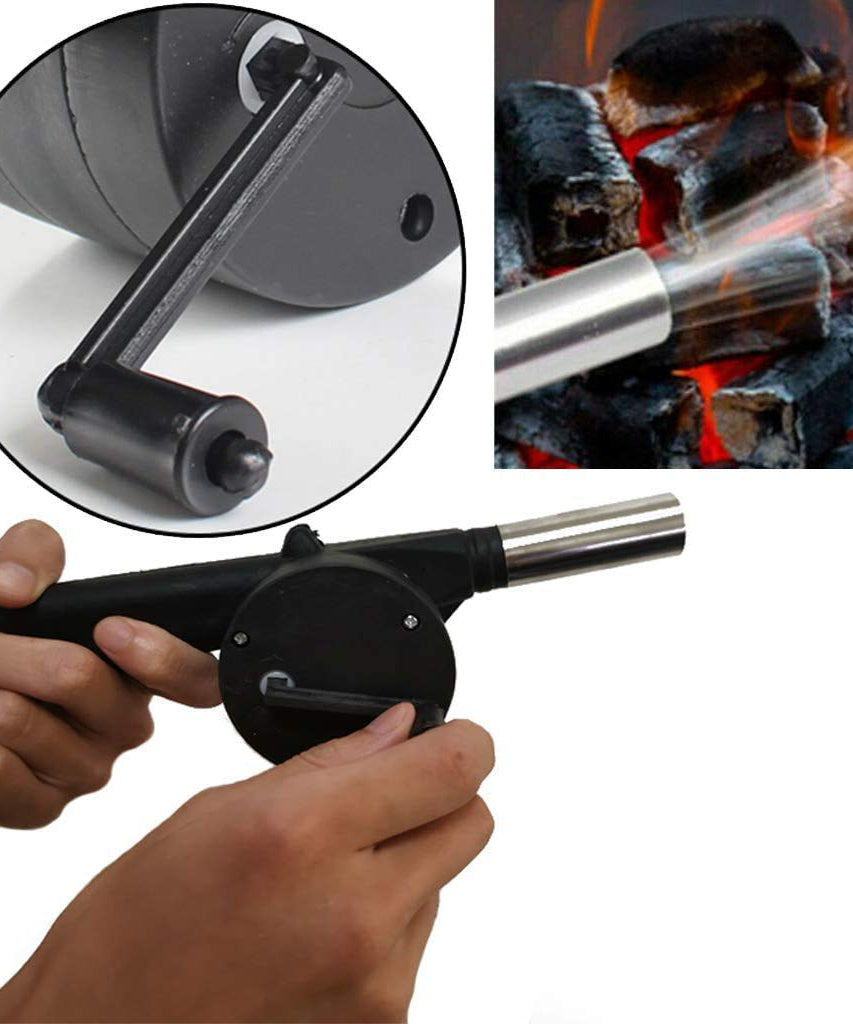 Hand-operated blower fan for charcoal barbecue starters.