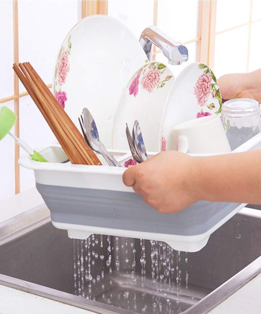 Silicone dish drying rack, collapsible, with utensil holder