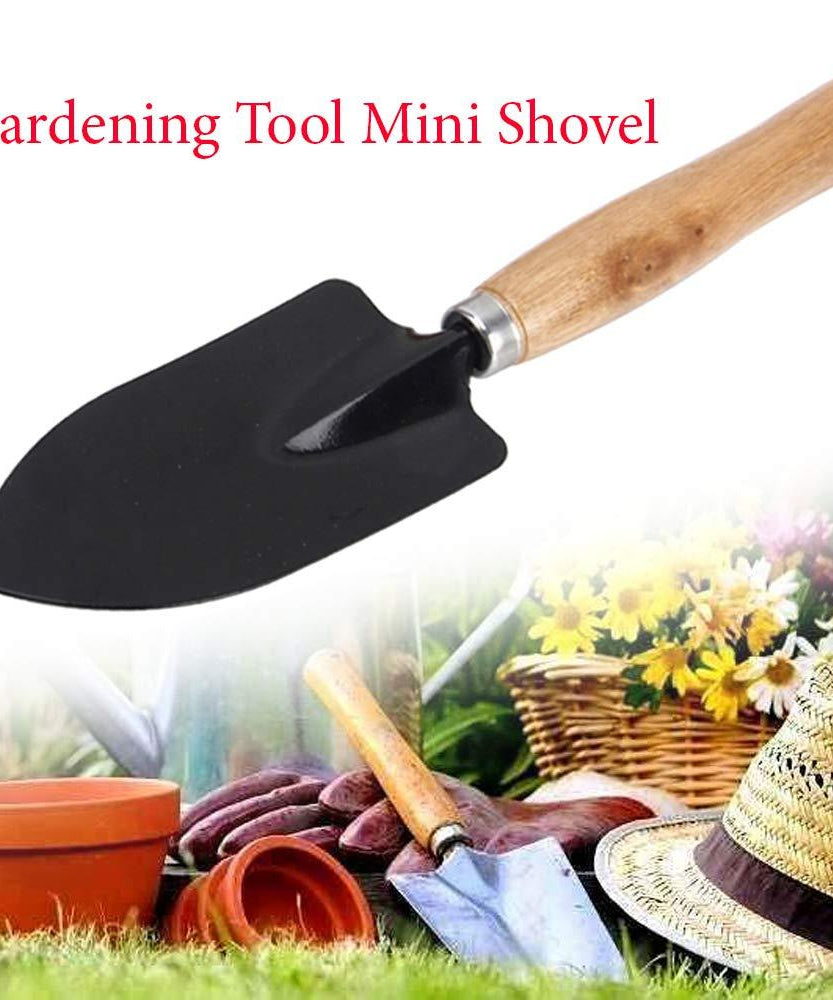 Gardening trowel with steel and black handle.
