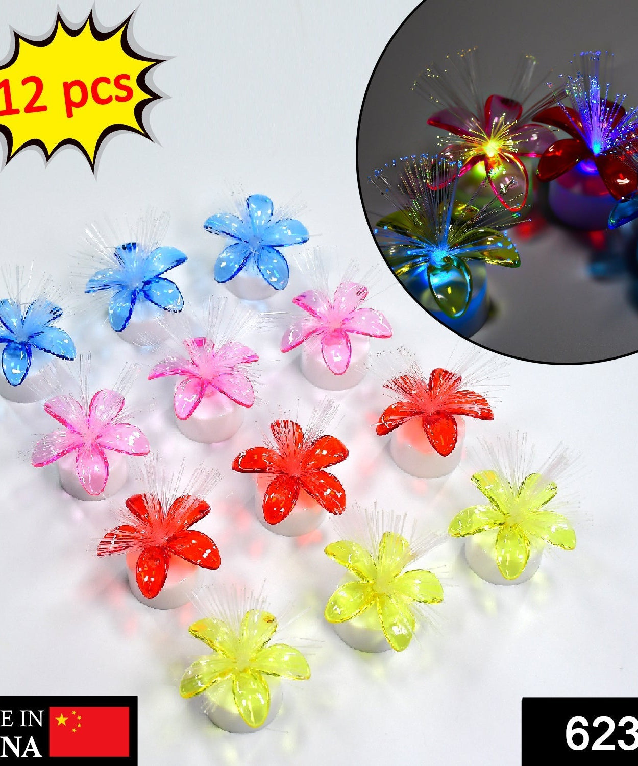 Pack of 12 fiber optic light table centerpieces with color change feature.