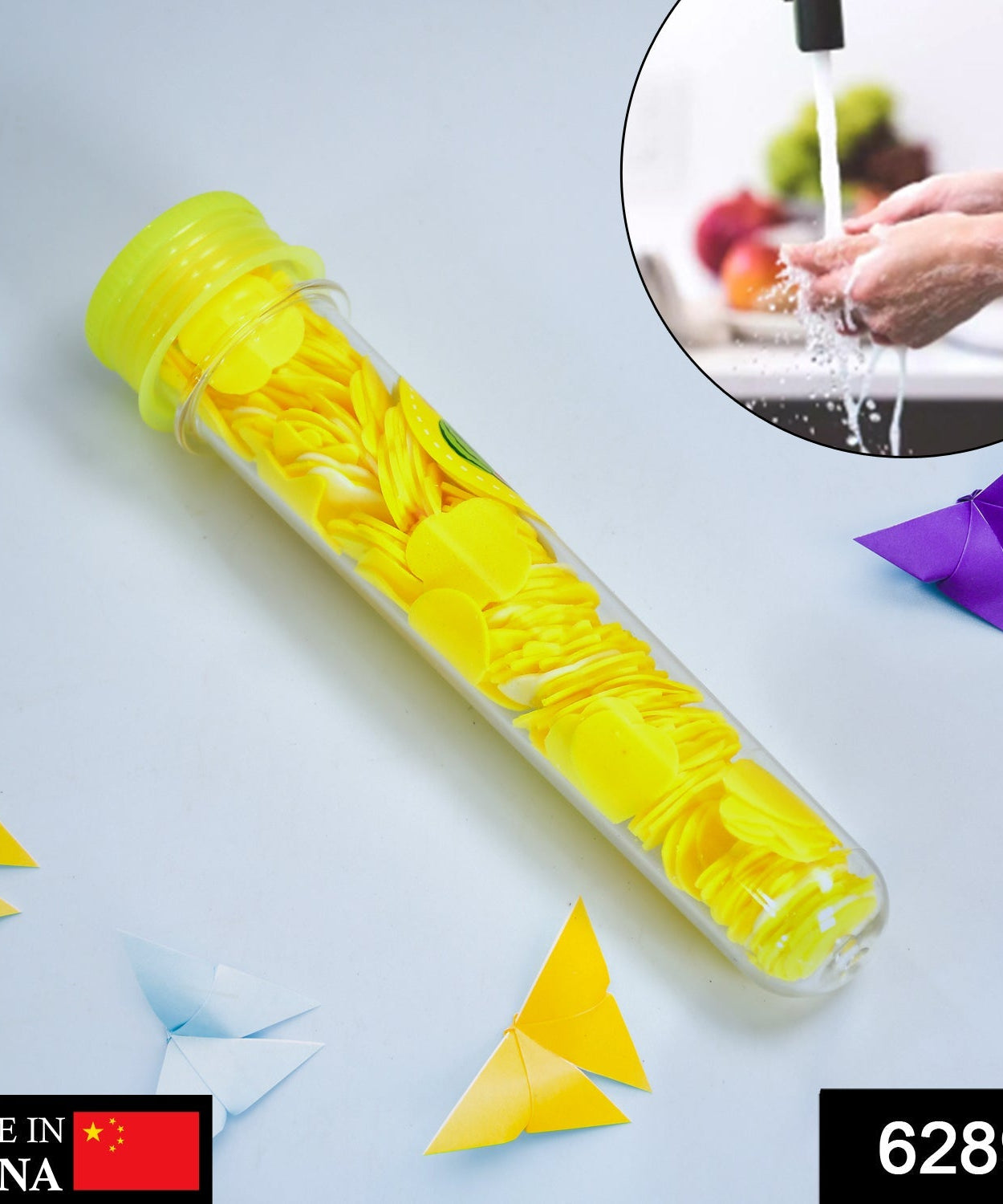 Paper soap strips in a test tube bottle, flower shape for convenient hand washing