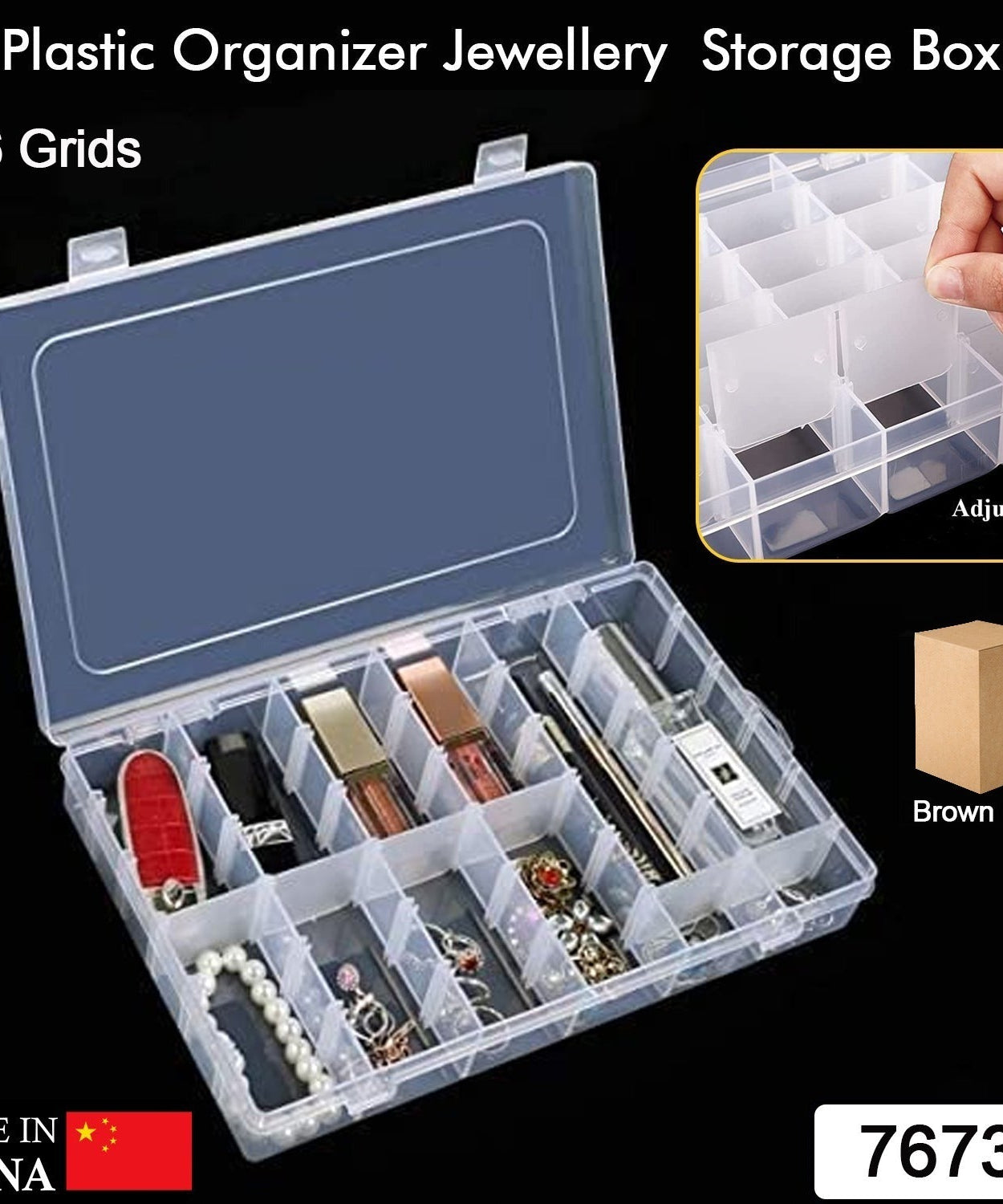 Jewelry storage box with adjustable dividers, transparent