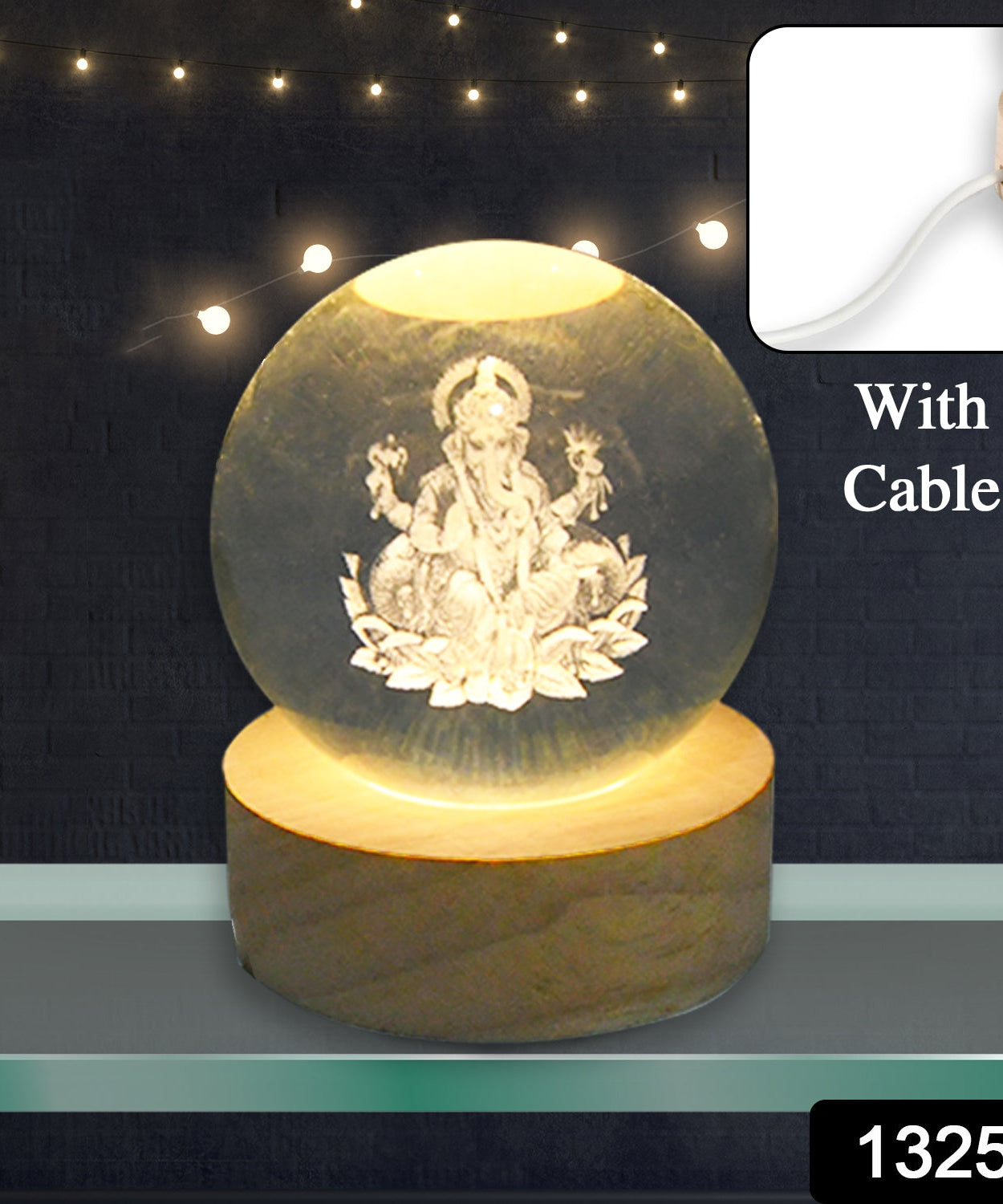 Ganpati 3D Crystal Ball lamps With Wood Base