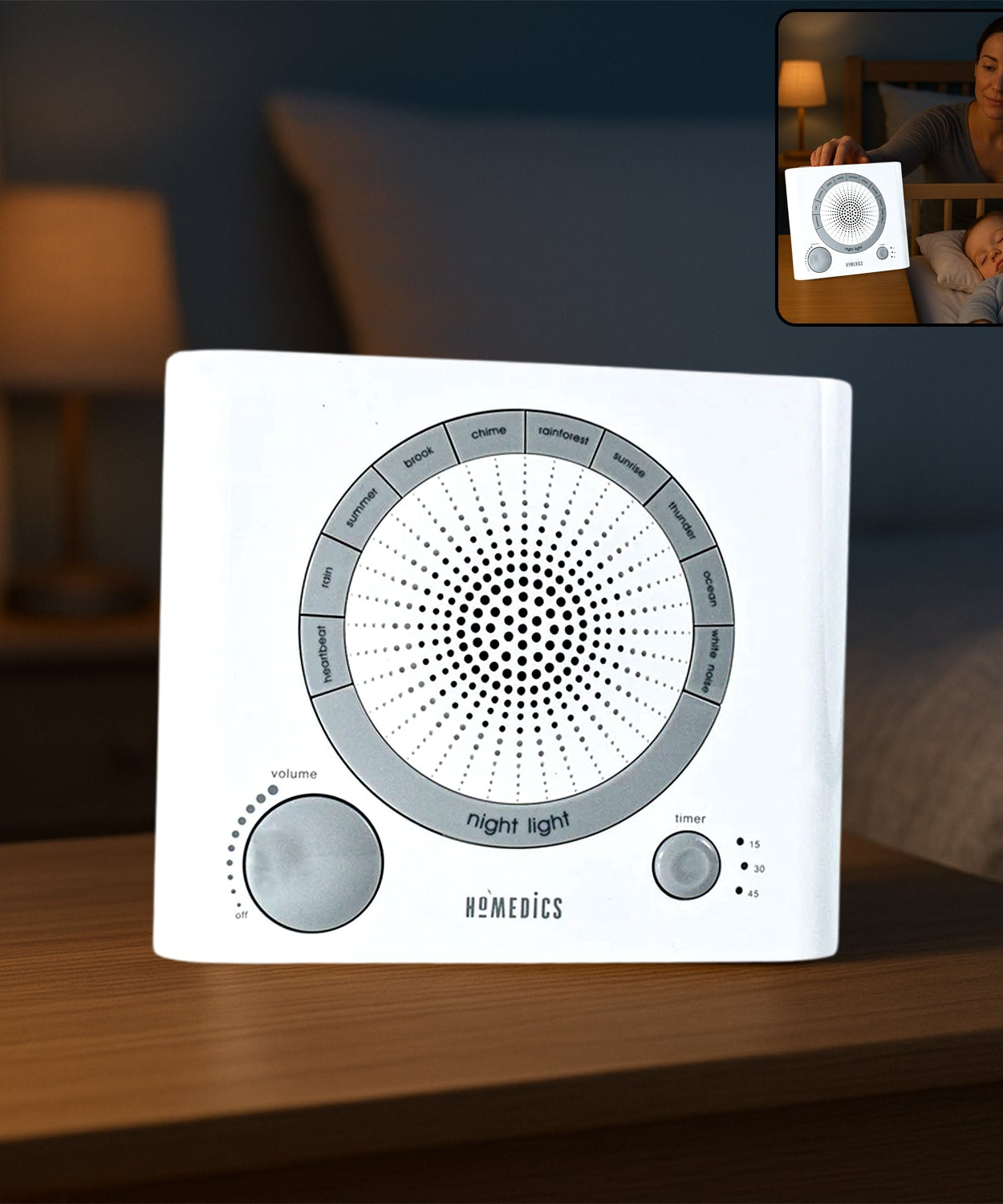 Sleep Therapy Sound Machine with 8 Soothing Sounds (Battery, Timer Option)