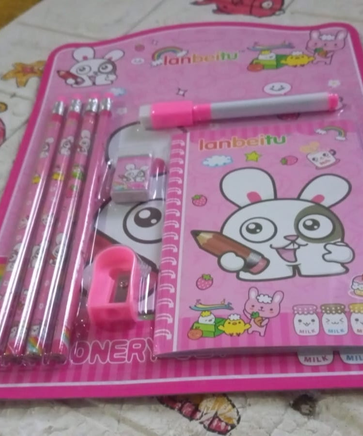 Wooden pencils and sharpener set for kids, includes eraser and diary.