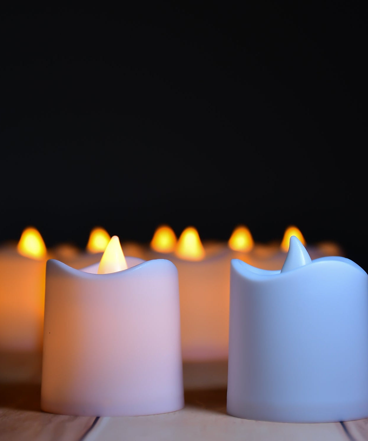 Plastic LED tealights for home decor.