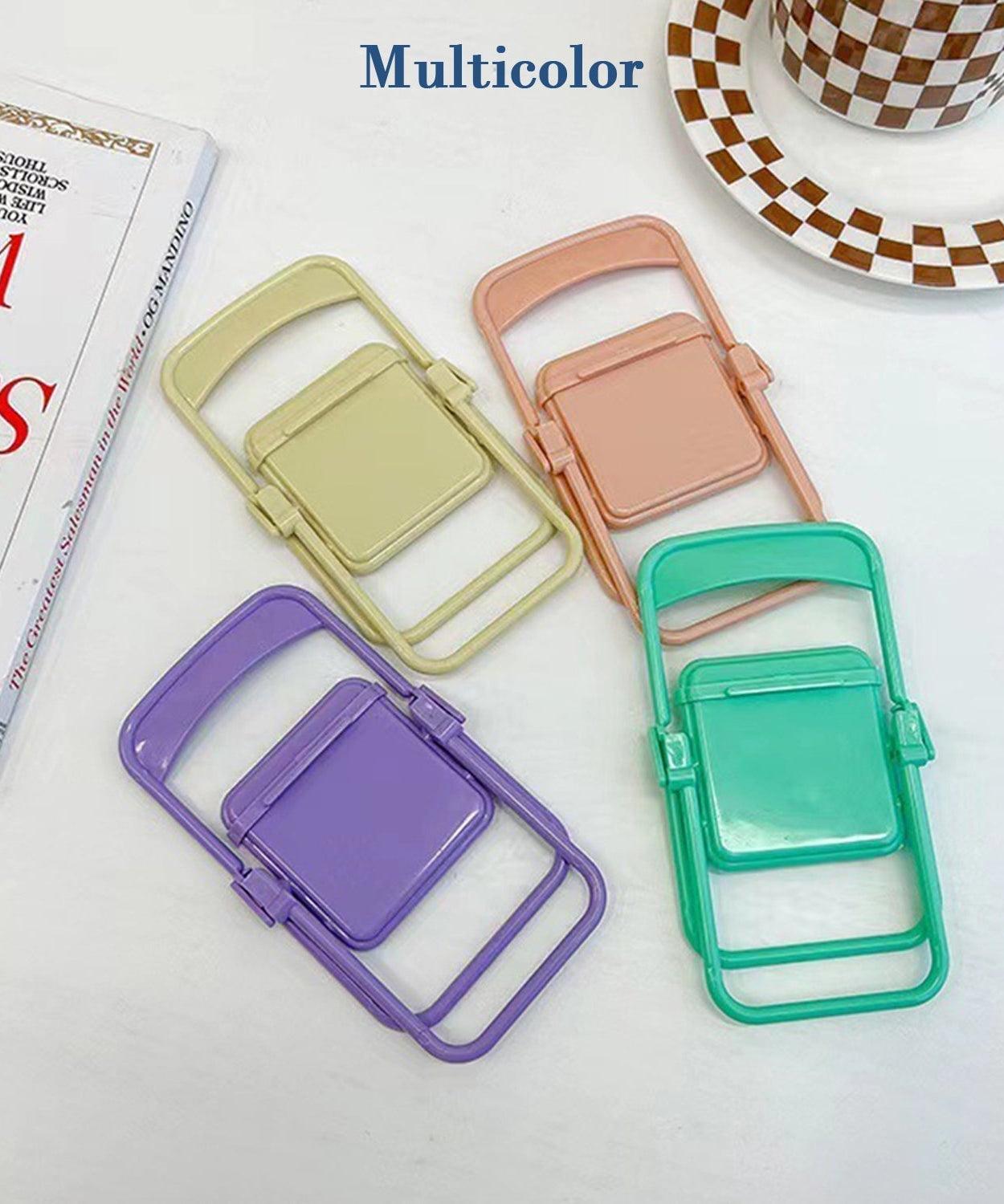 Stylish mobile stand compatible with various smartphone sizes.