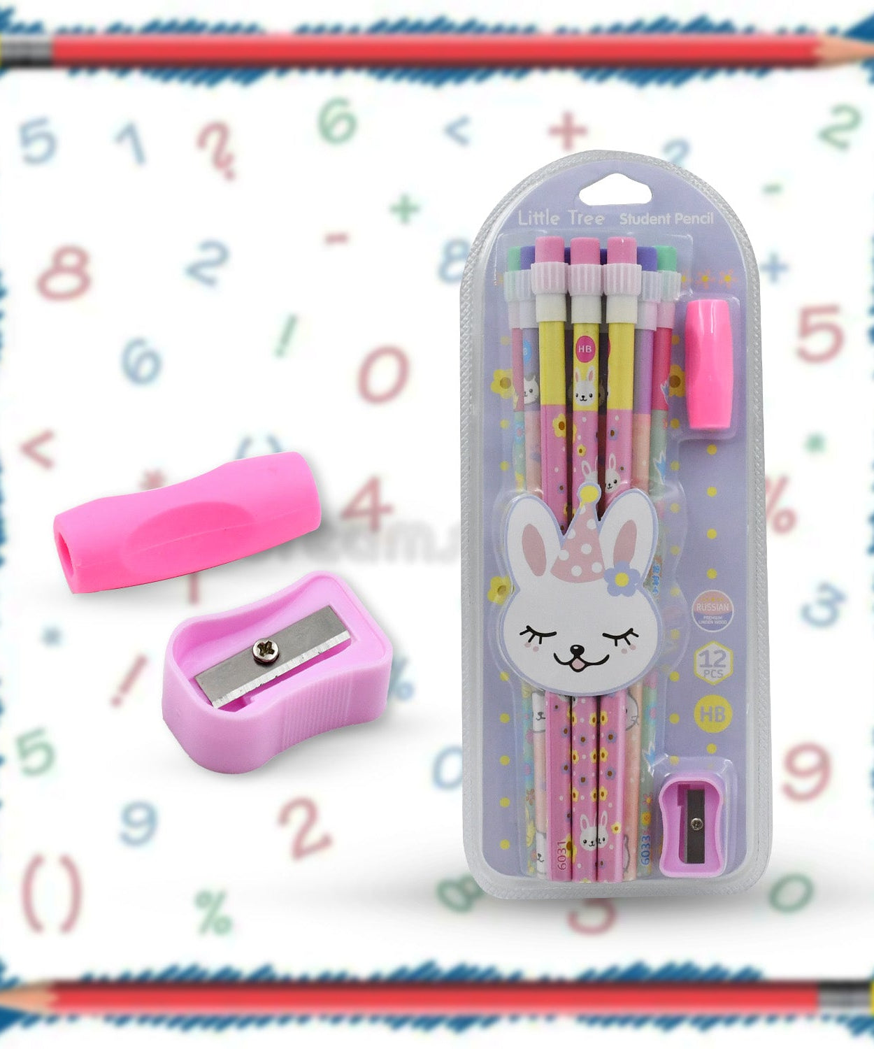 Pencil and sharpener set for kids, featuring cute animal designs