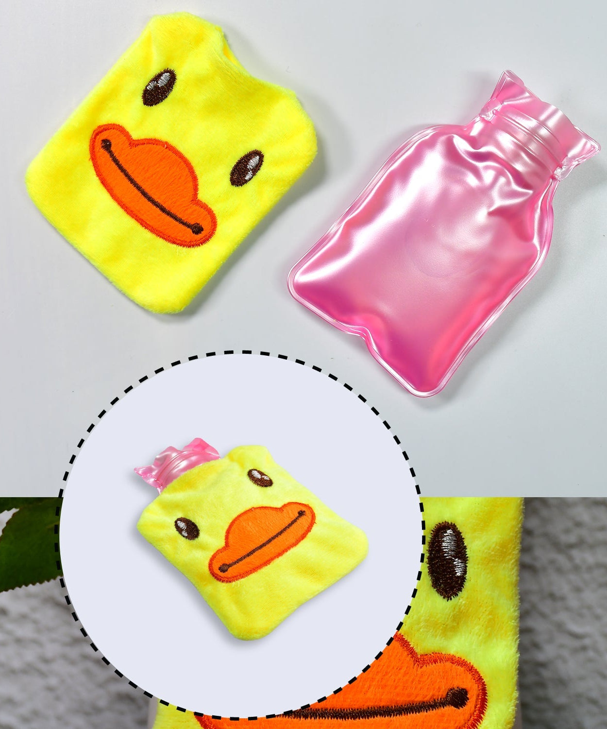Small hot water bag with yellow duck design, ideal for pain relief