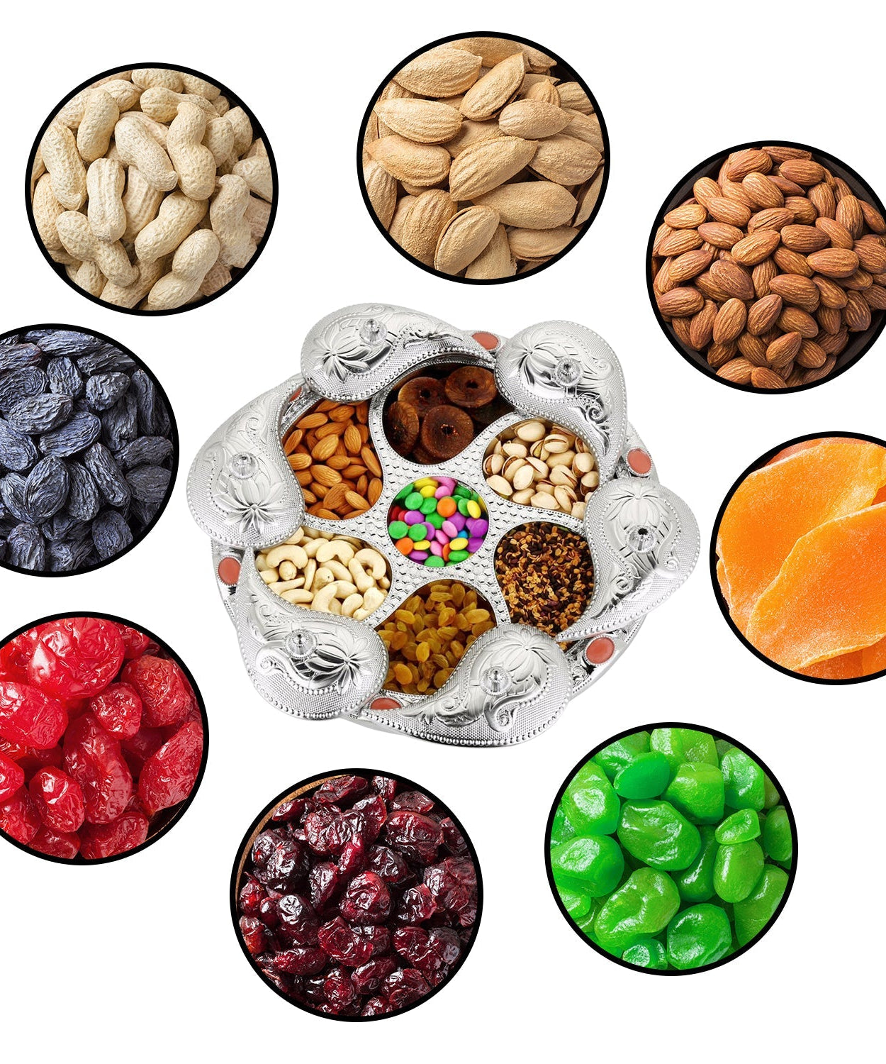 Multi-compartment rotating tray for dry fruits and snacks