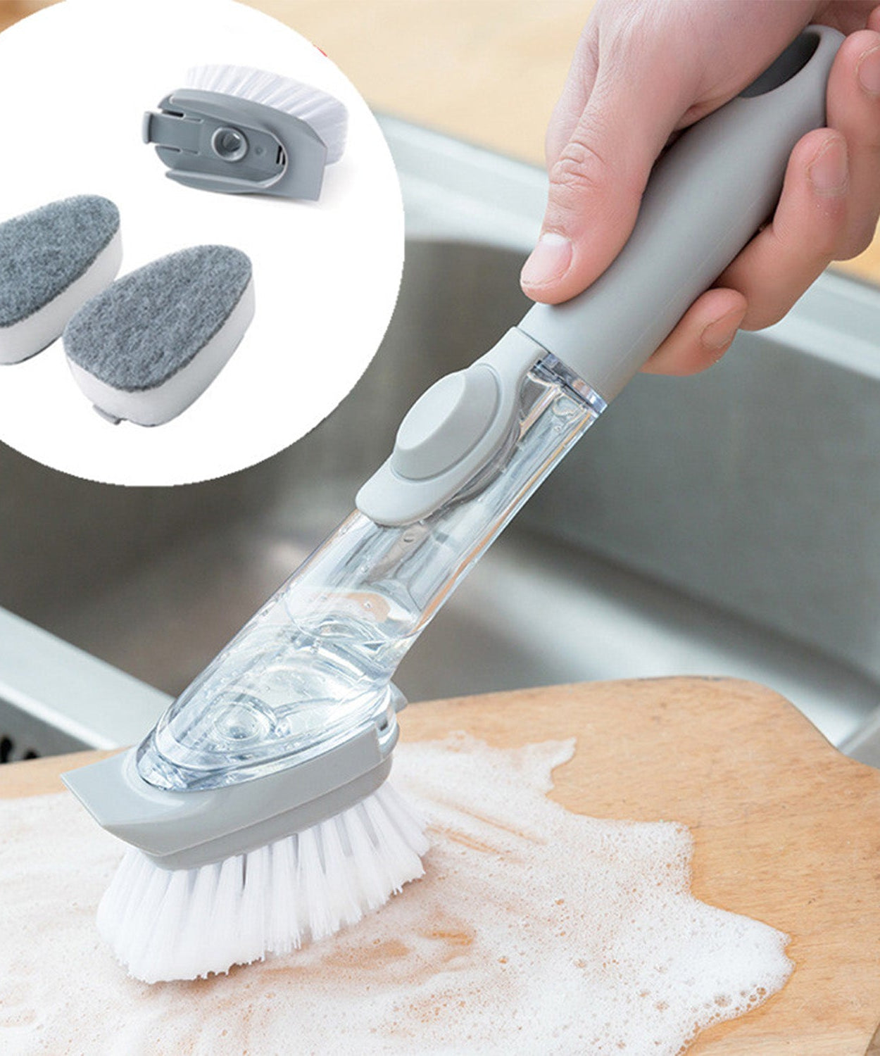 Dish brush with soap dispenser, 3 heads for cleaning dishes and pots