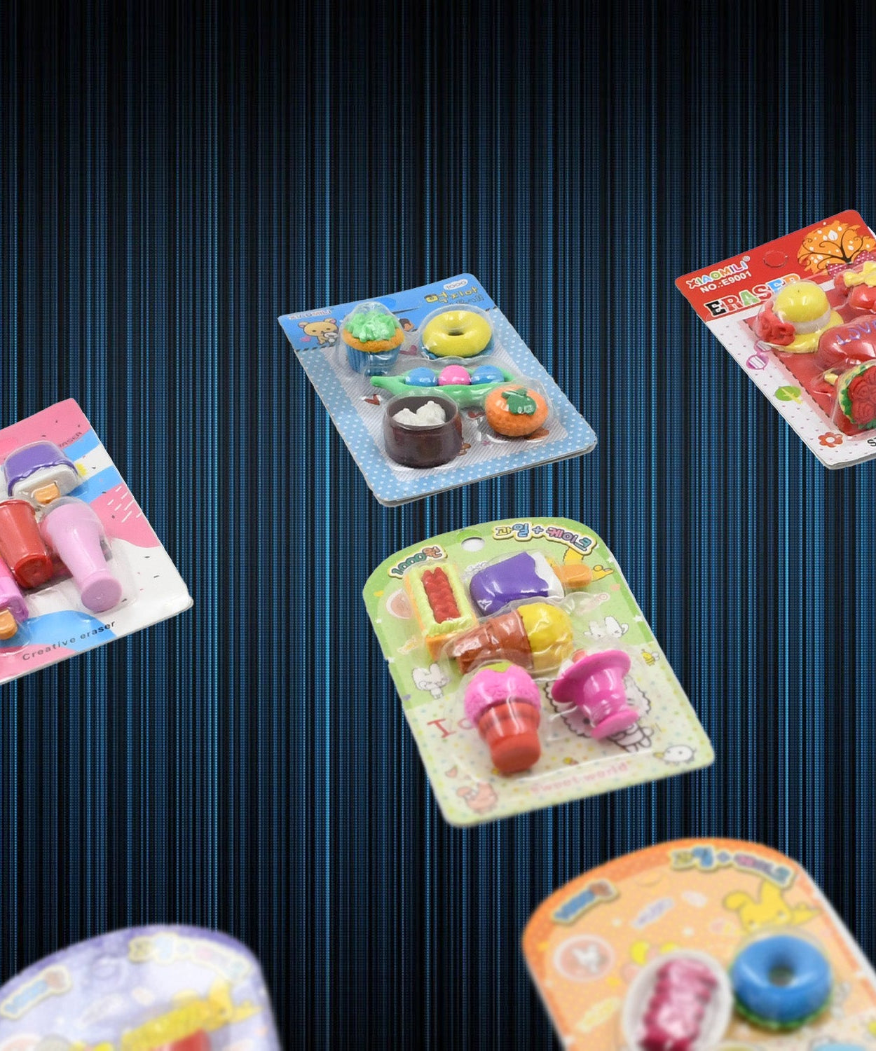 Mixed design erasers set for children, colorful and fancy.