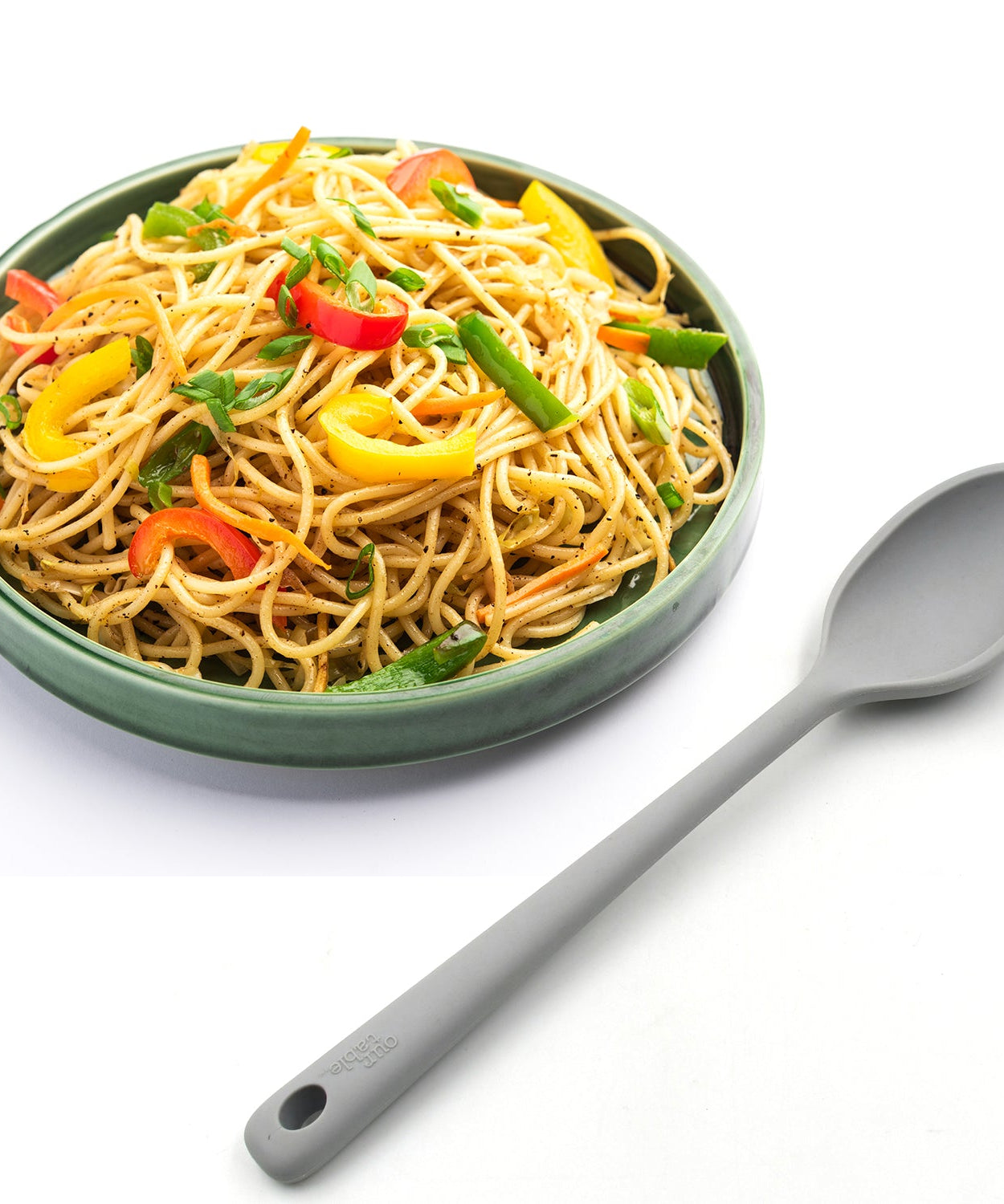 Large silicone cooking spoon, heat resistant, 32 cm in length.