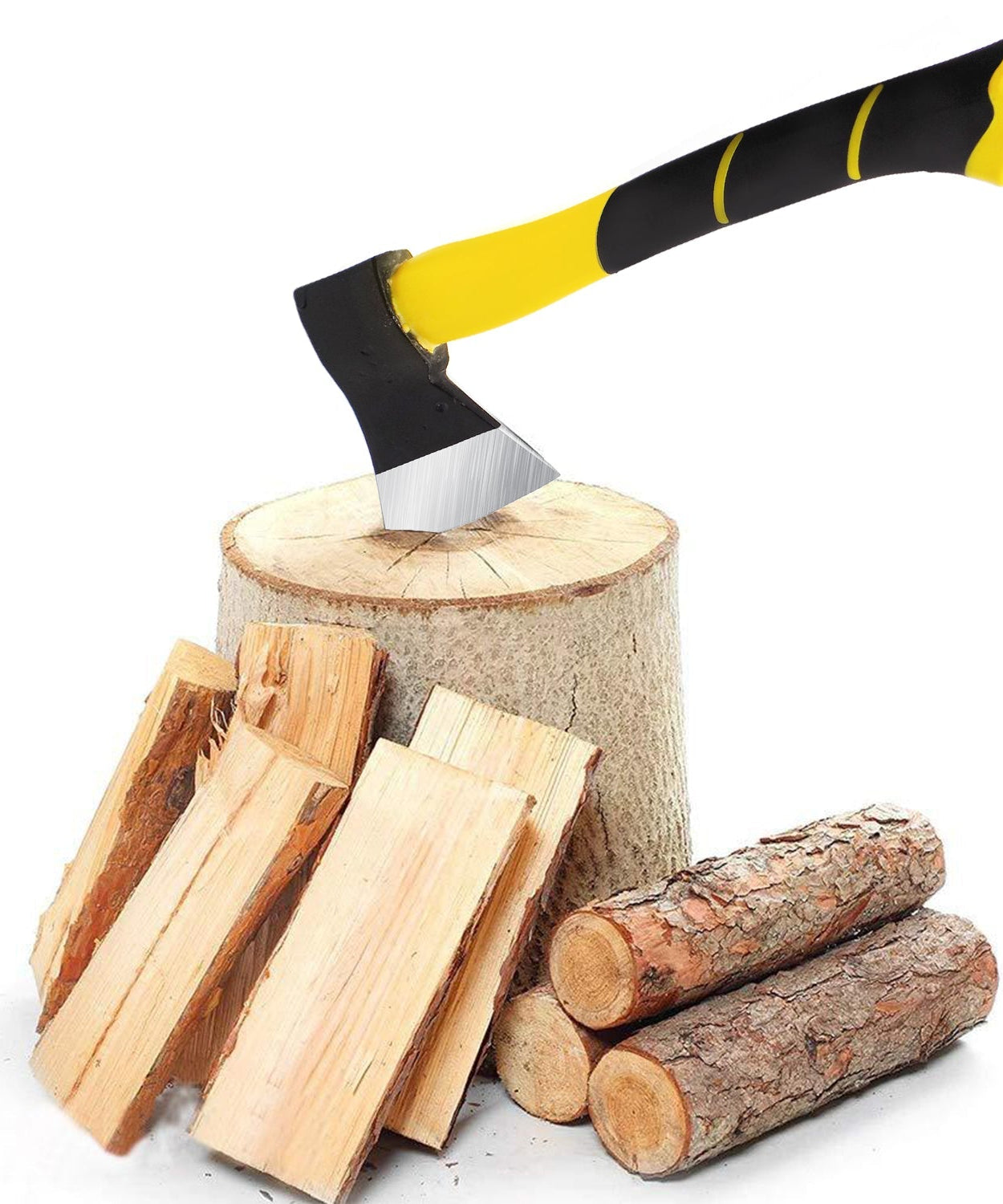 Fiberglass hatchet axe with rubberized handle.