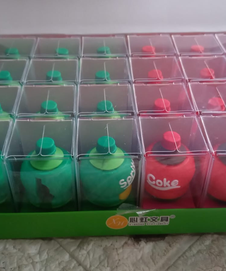 2-in-1 3D Cold Drink Bottle Shape Rubber Pencil Sharpener and Eraser Set, Stationery for Kids School Boys Girls, Birthday Return Gifts (24 Pcs Set )