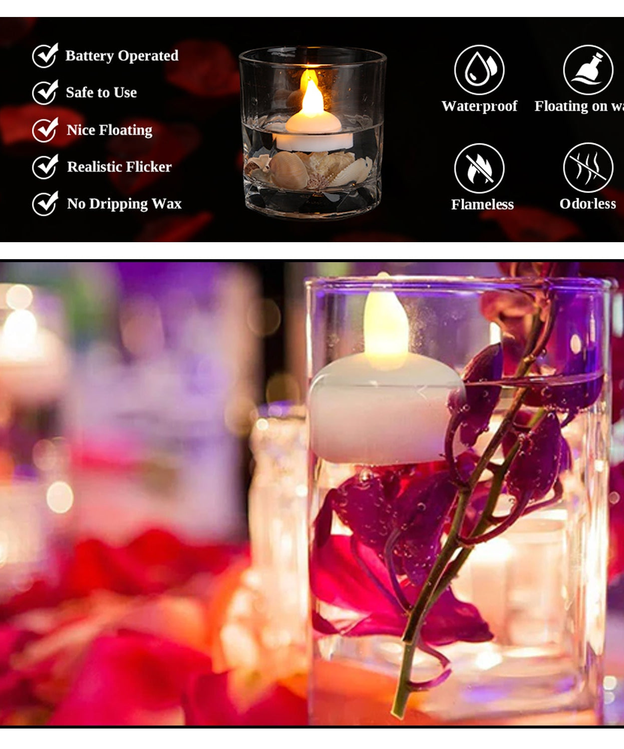 Elegant floating candles with flameless LED and battery power