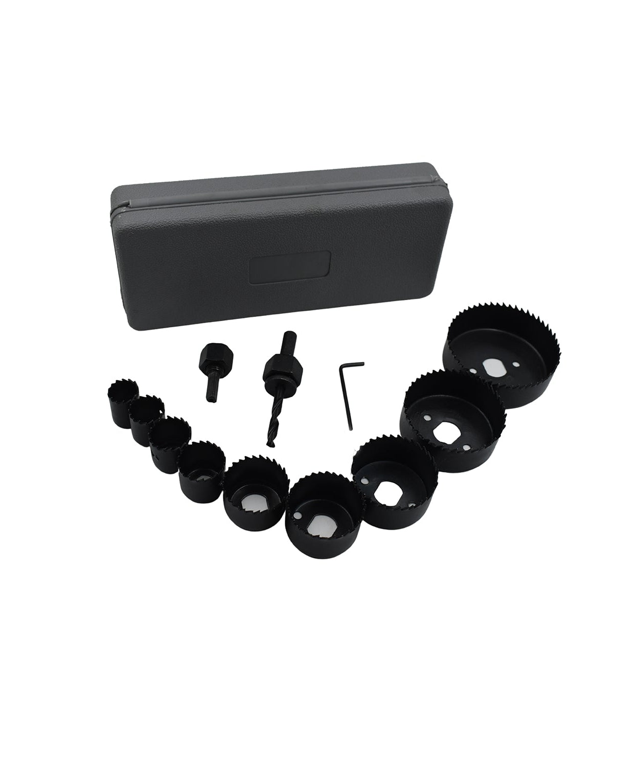 Complete 12 pcs hole saw kit for various sizes.