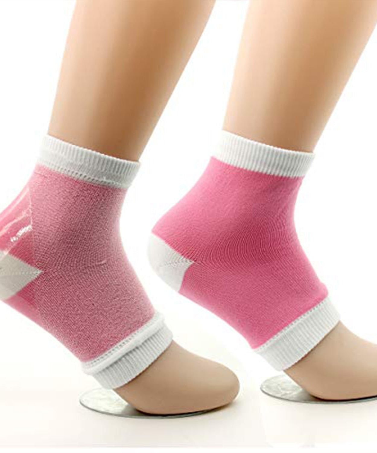 Open toe moisturizing socks, worn on foot with visible gel pads