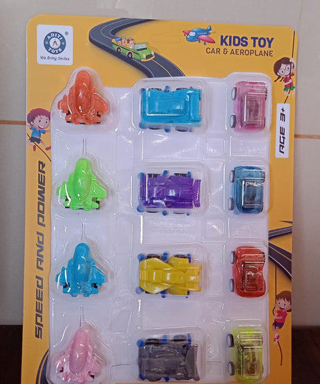 Mini Pull Back Car & Aeroplane Plastic Pull Back Car Cartoon Toys (12 Pcs Set)