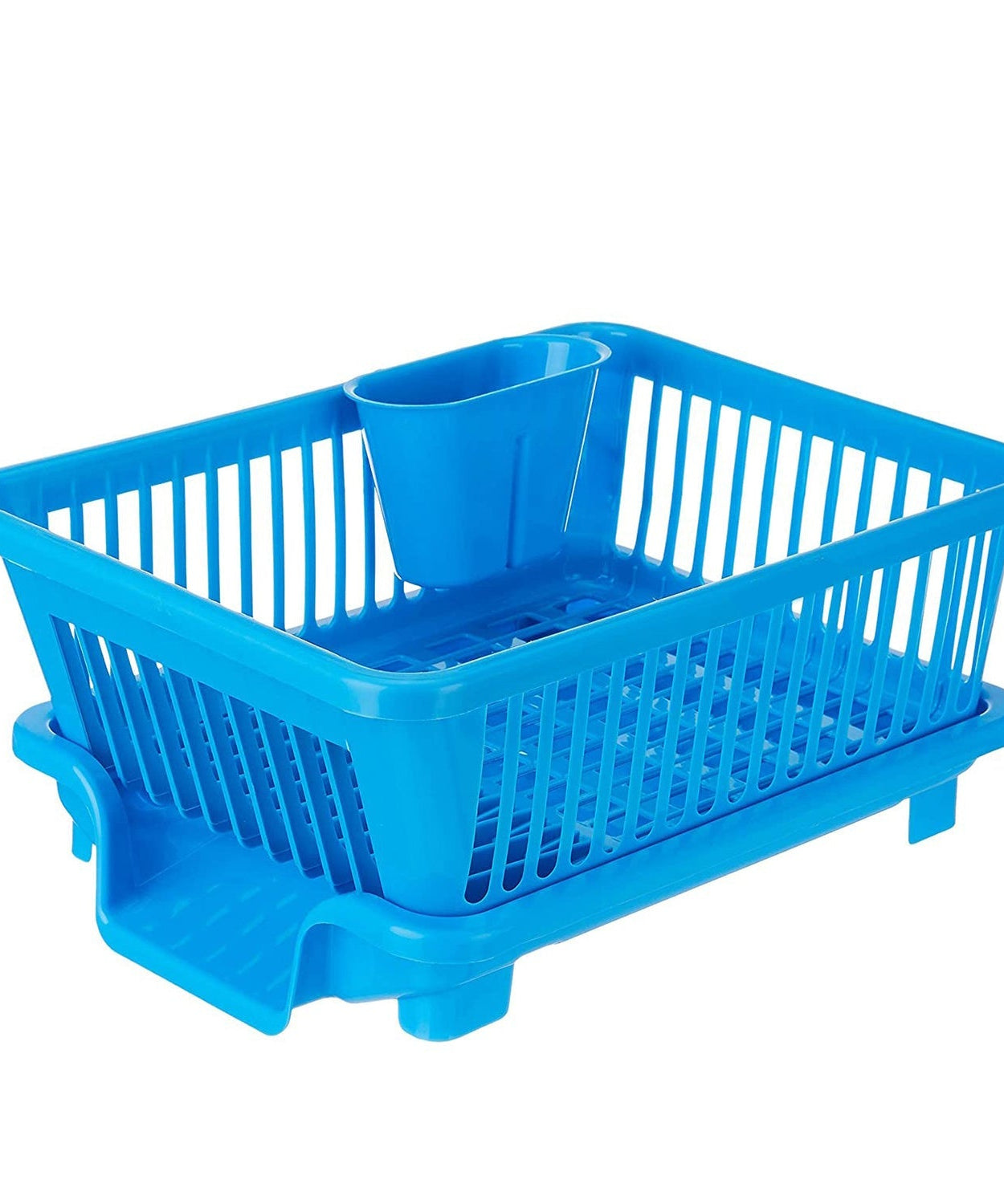 Plastic dish drainer rack with a brown box for drying dishes and utensils