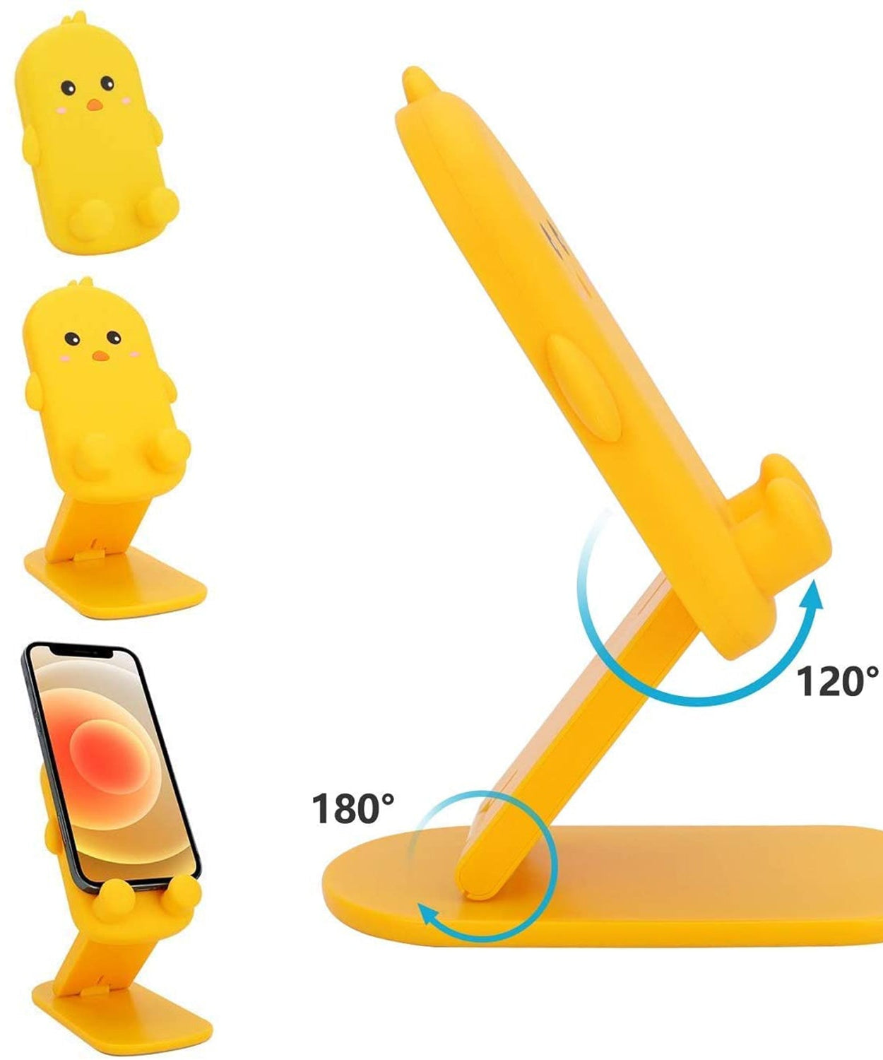 Cartoon design mobile stand set up in multiple positions, highlighting its versatility