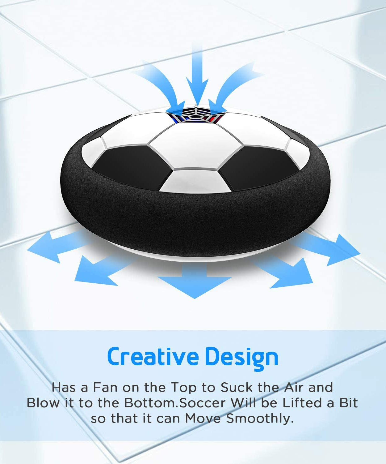 Glow-in-the-dark hover ball, ideal for kids' games and indoor fun.