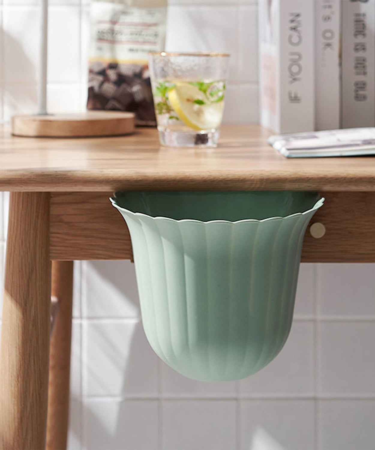 Multifunction waste bin, mounted and in use