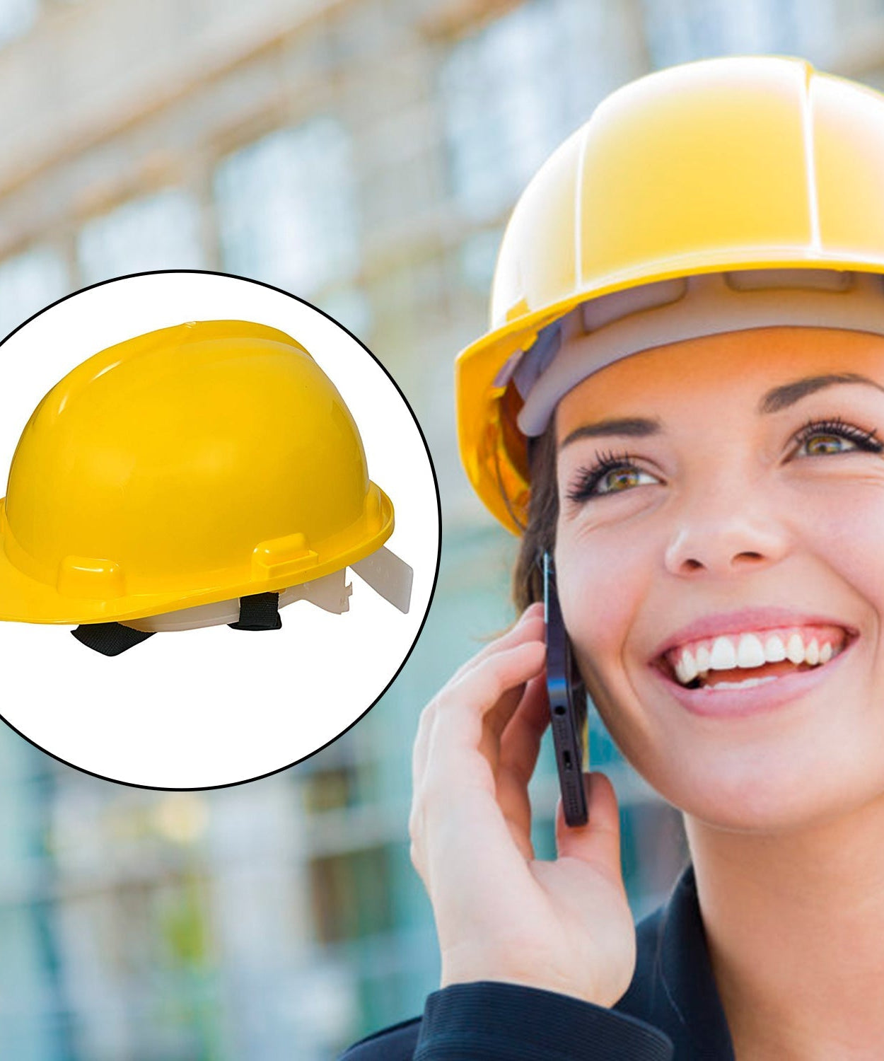 Safety hard hat in yellow plastic, ideal for construction use.