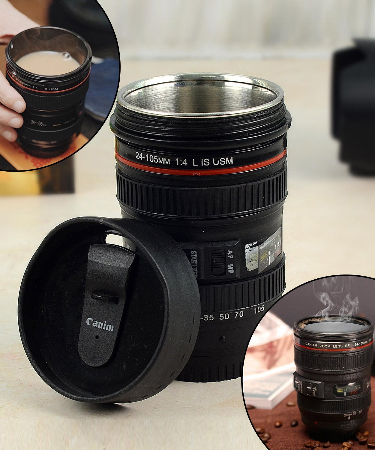 Plastic camera lens coffee mug made from stainless steel, featuring a detailed and realistic design