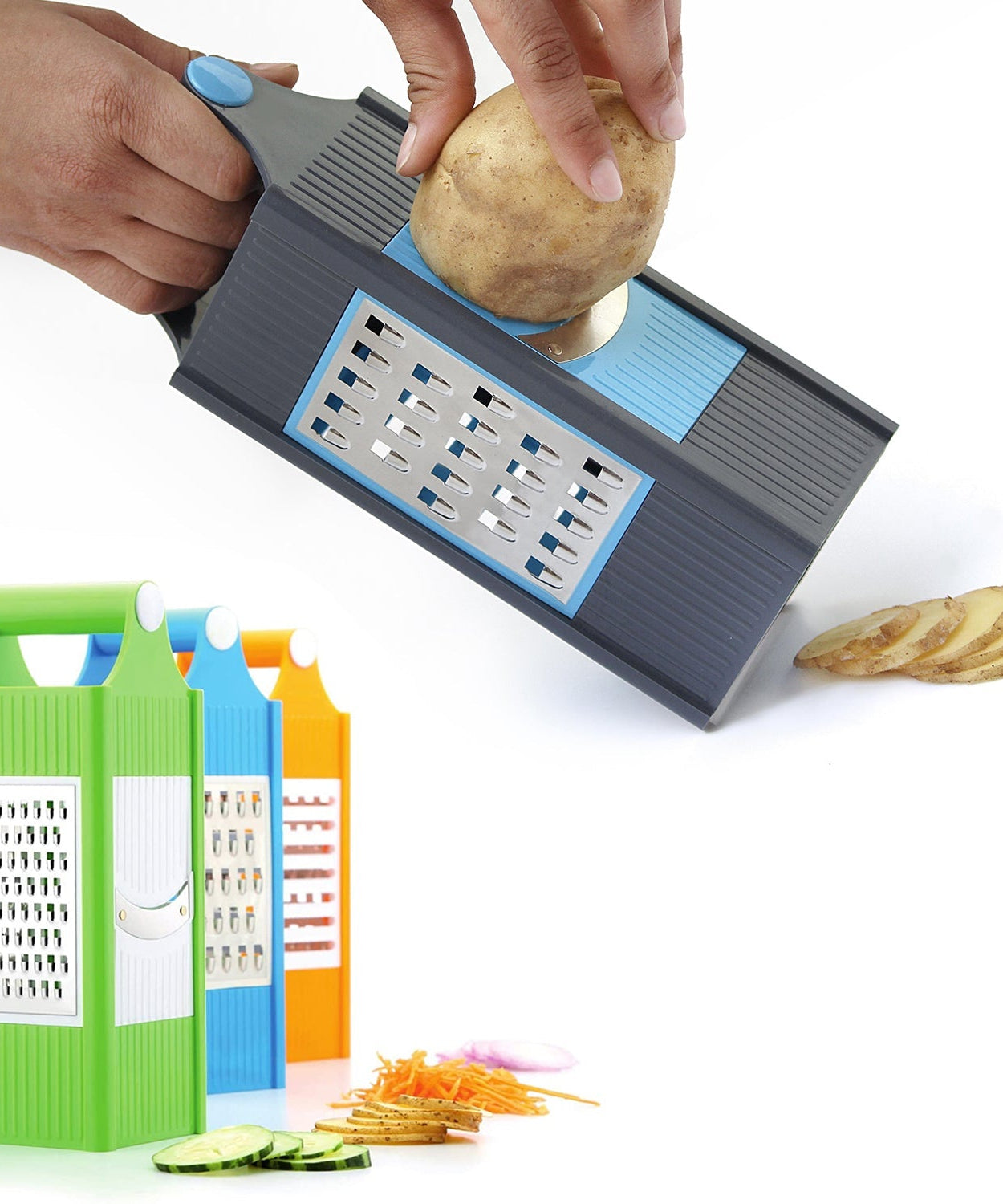 Four-in-one plastic grater and slicer for versatile kitchen use