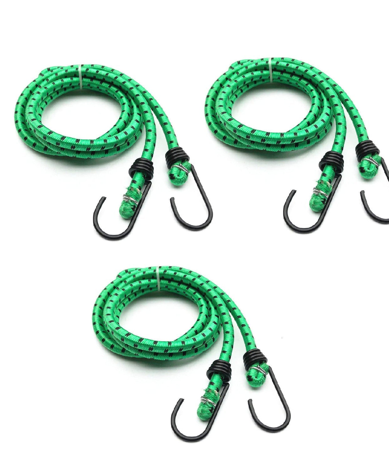 Elastic bungee cords with hooks for secure storage and transport.