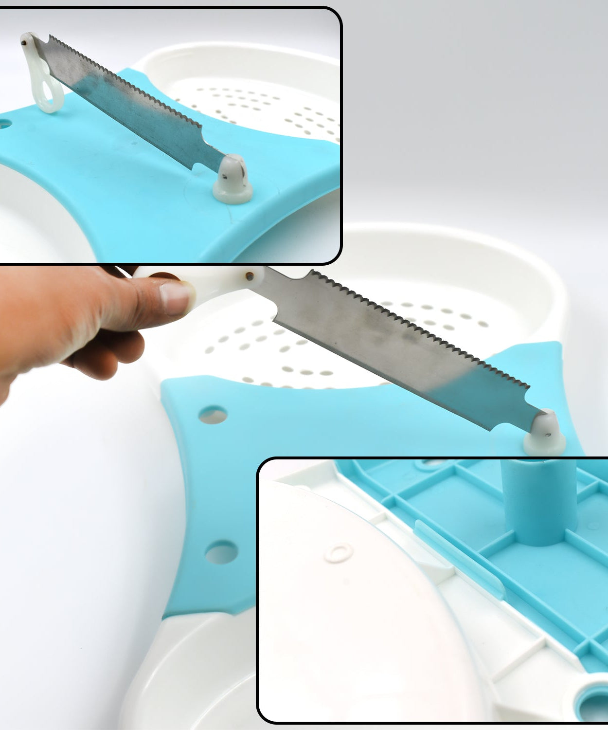 Adjustable cut and wash kitchen accessory for convenient vegetable prep.