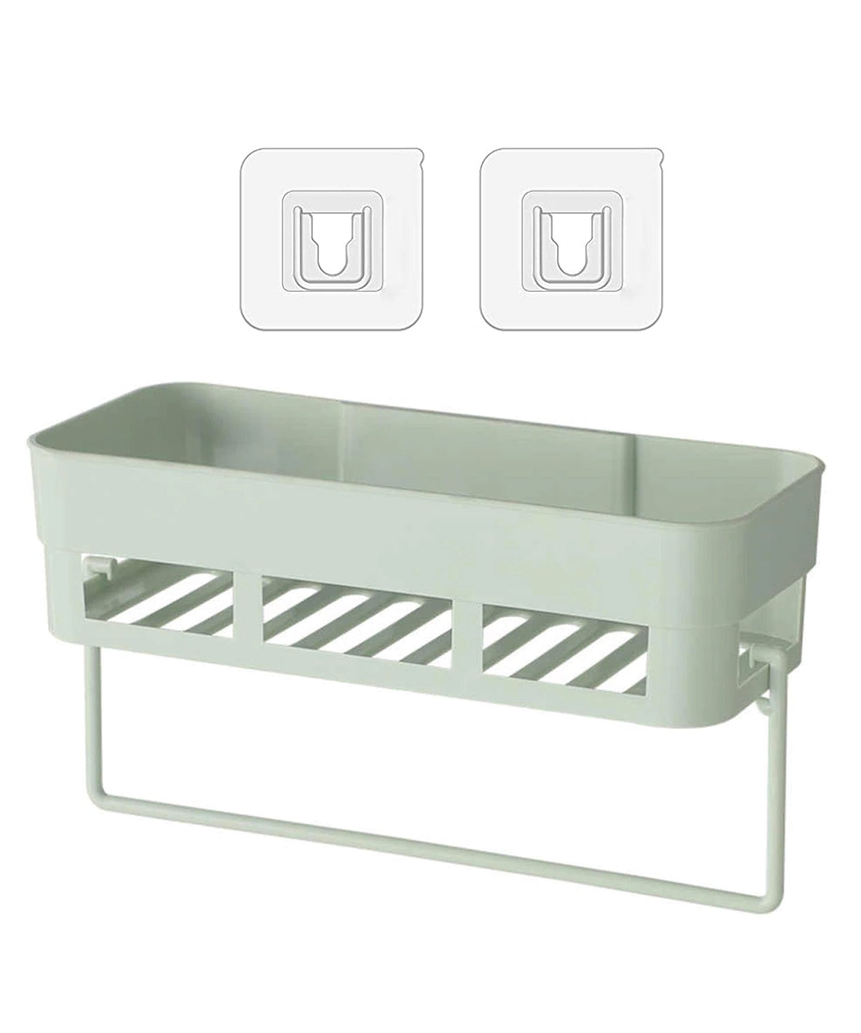 Multipurpose storage rack, wall-mounted for kitchen or bath.