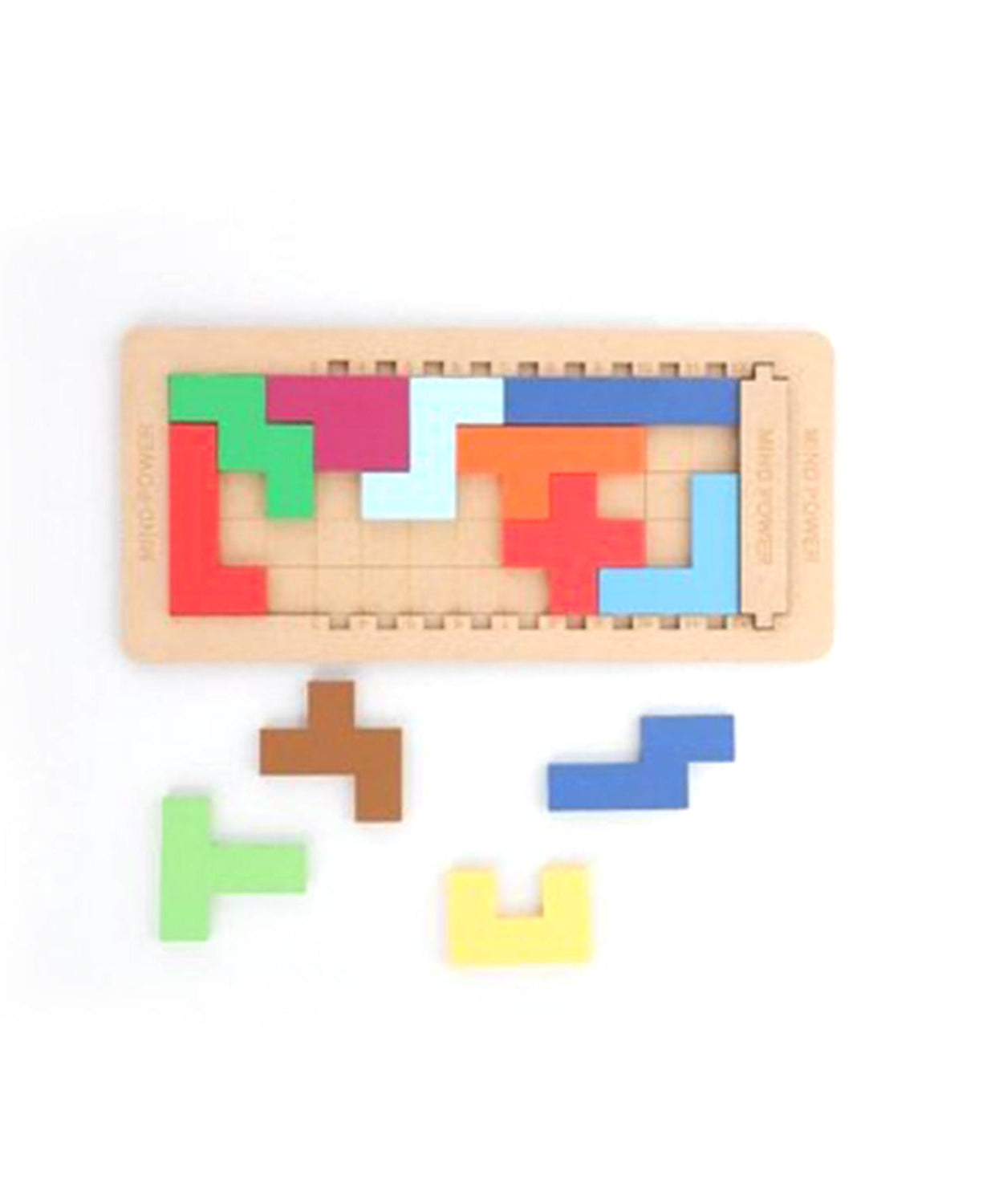 Wooden mind game set with multiple components for stimulating children's minds.