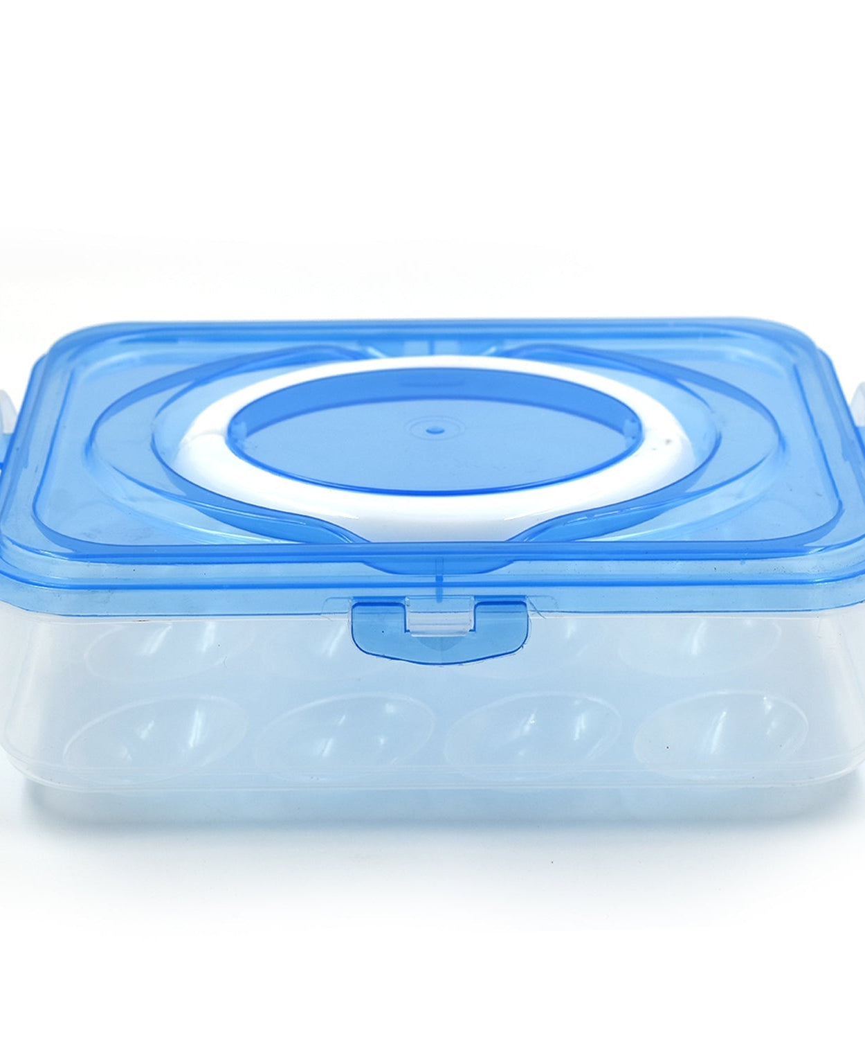 Plastic egg storage container with 12 grid compartments for organizing eggs in the refrigerator