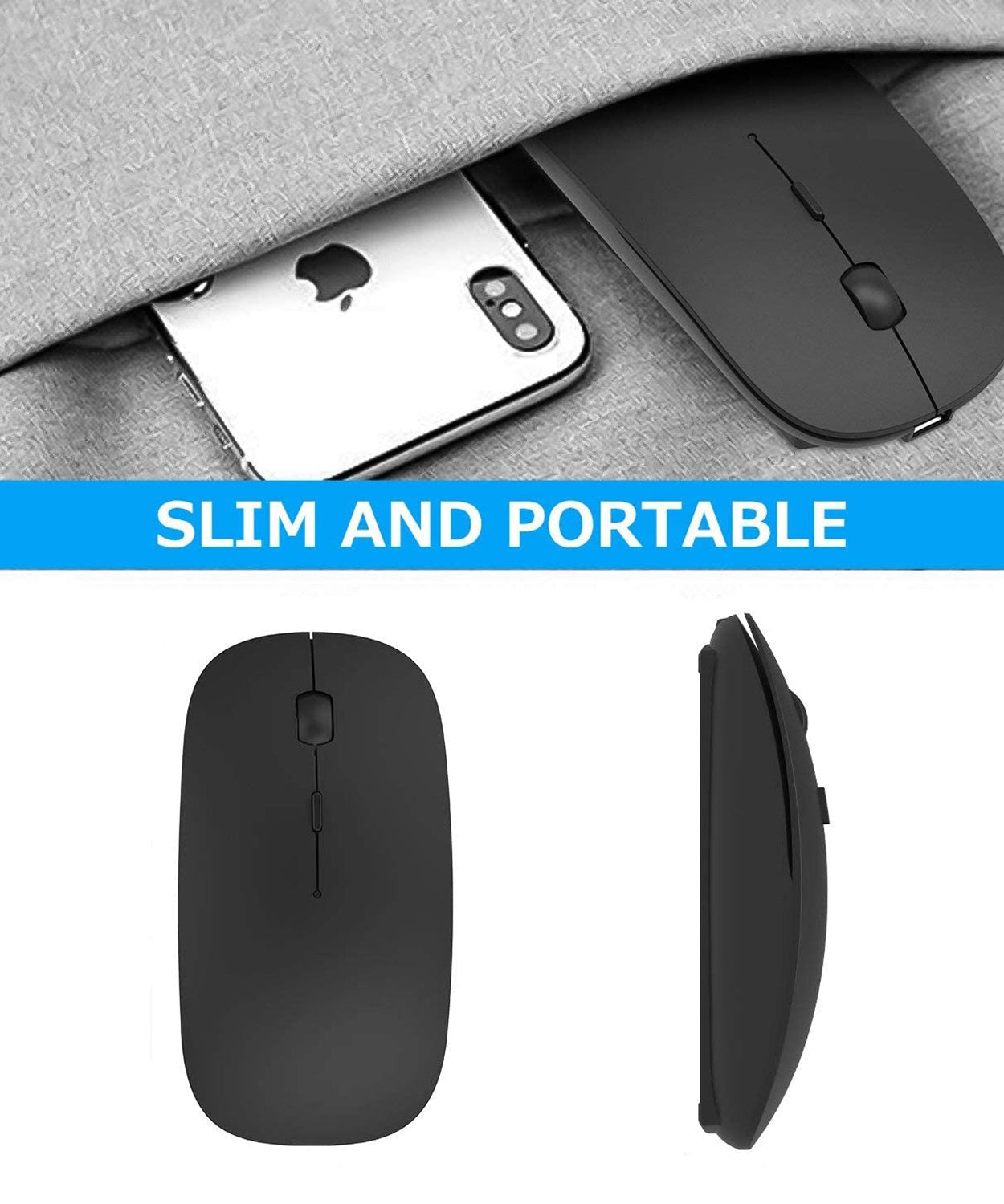 Wireless mouse suitable for laptop, PC, Mac, and iPad usage.