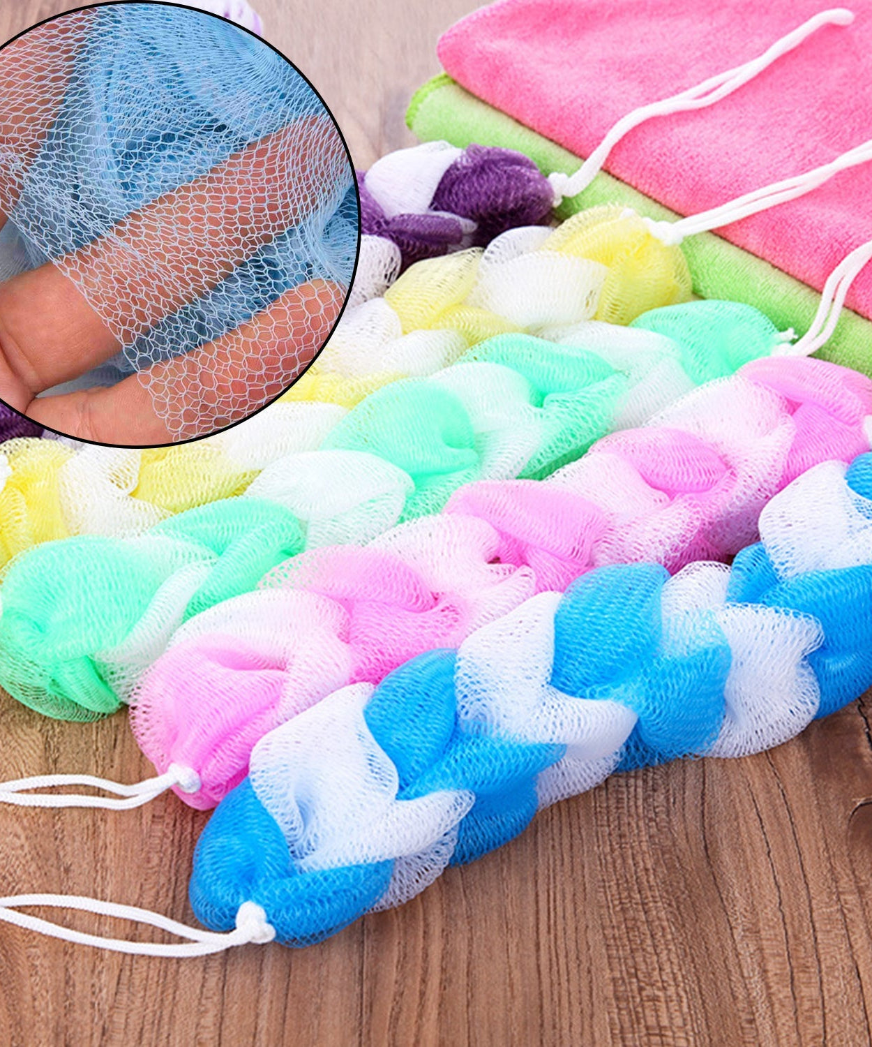 Small loofah sponge poufs, pack of 6, perfect for bath and shower use.