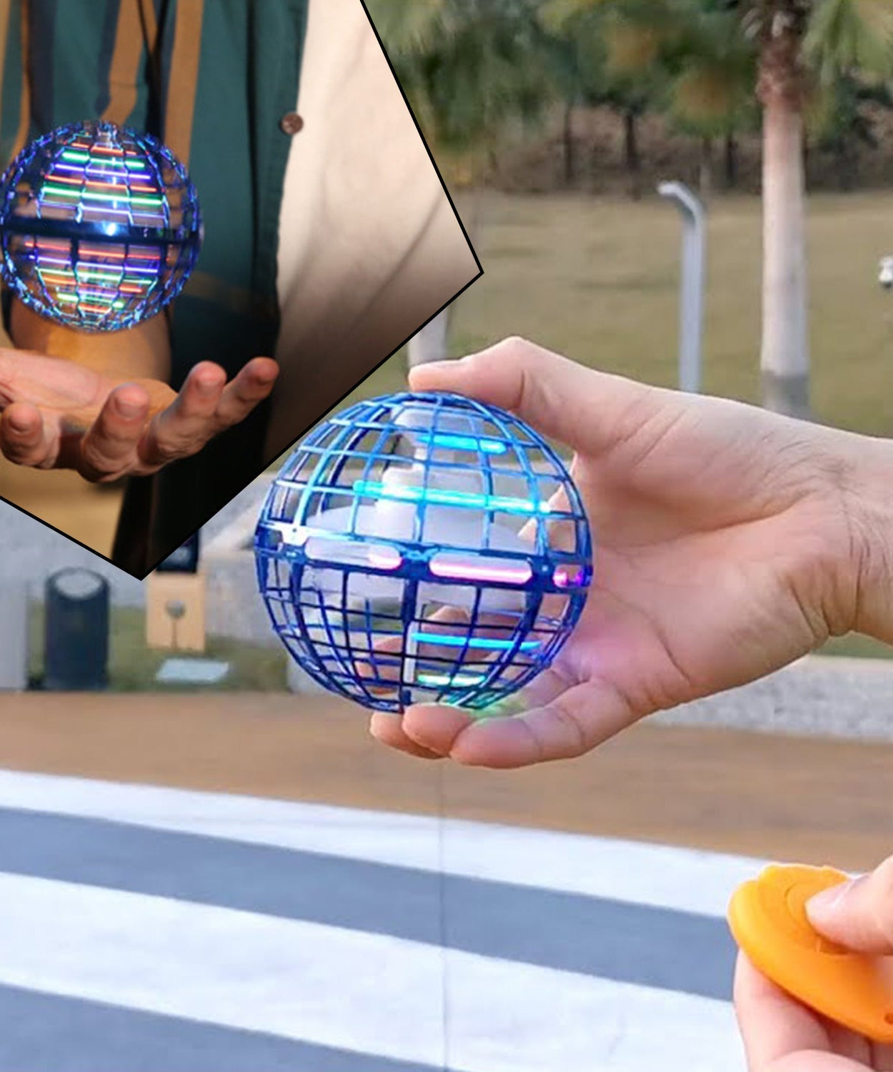 Flying ball toy with USB charging, RGB lights, 360° rotation.